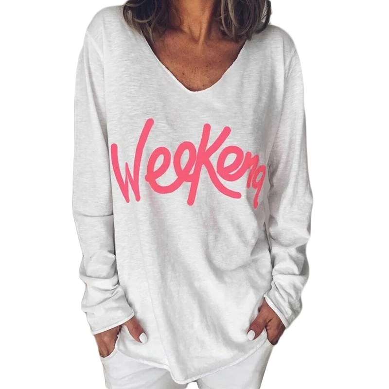

Weekend Letter Print T-shirt Autumn Fall Women Long Sleeve T Shirts Fashion Casual Retro Pullovers V Neck Oversize Tops Female
