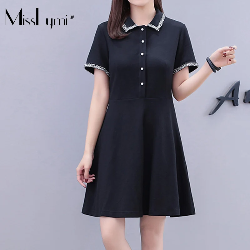 

M-4XL Pliu Size Women Little Black Dresses Summer 2021 Fashion Single Breasted Turn-down Collar Short Sleeve Loose Shirt Dress