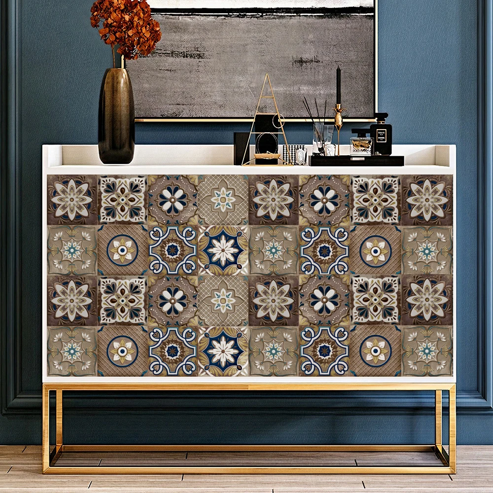 

10pcs Brown European Retro Tiles Wall Sticker Kitchen Wardrobe Bathroom Home Decor Waterproof Self-adhesive Art Mural Wallpaper
