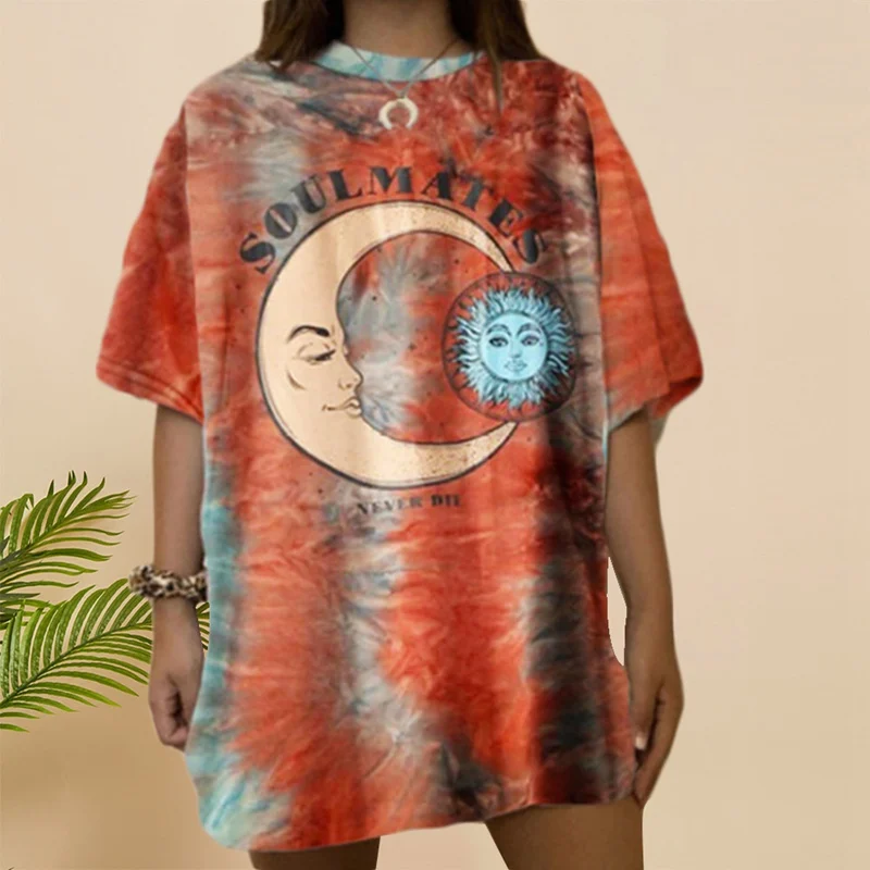 

2021 Summer Tie Dye Tshirt Streetwear Loose T Shirt Women Harajuku Punk Short Sleeves Print Tops Tee Hip Hop Loose Tshirt Girls