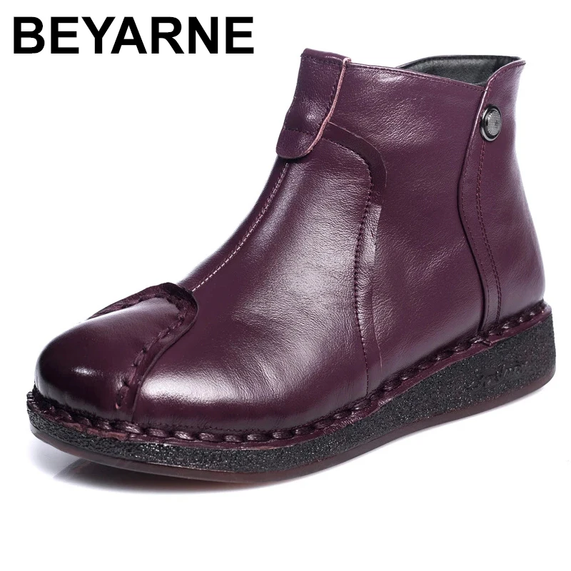 

BEYARNE 2020Autumn Genuine Leather Woman Winter Boots Shoes Women Handmade Plush Slip On Ankle Boots For Women Low Heel Zip