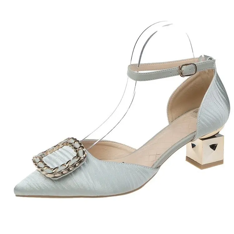 

All-Match Female Sandal 2021 Summer Shoes Closed Toe Block Heels Buckle Strap Med Girls Rhinestone Chunky High New Comfort Clear