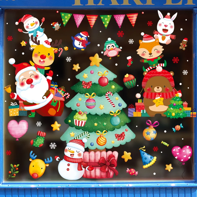 

Christmas Glass Stickers DIY Santa Claus Snowman Tree Animals Wall Decals for Living Room Window New Year Winter Home Decoration