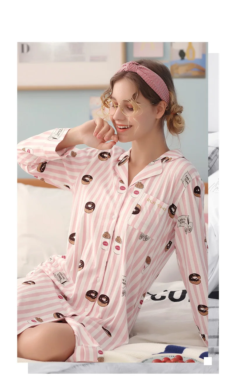 Kawaii для девочек, розовая одежда для сна хлопковый комбинезон для постели отворот трусы принт с героями мультфильмов, ночная одежда из хлопка на пуговицах Для женщин ночные рубашки для девочек