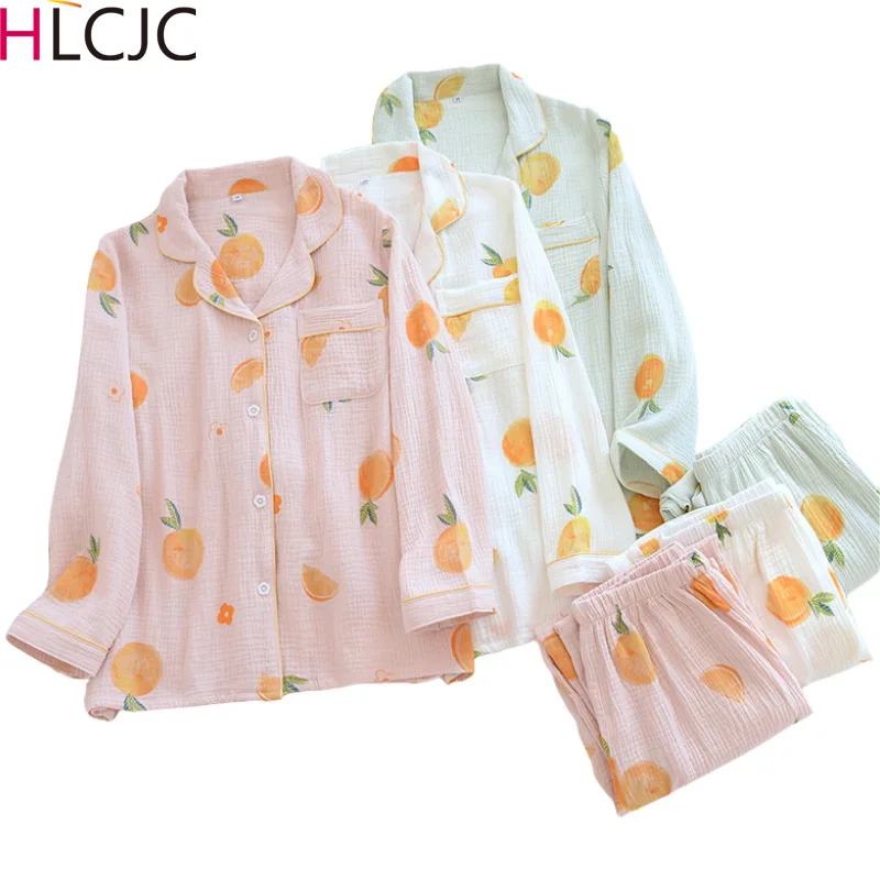 

2021 Spring Autumn Pajamas For Women's 100% Cotton Crepe Long-Sleeved Sleepwear Soft Home Wear Sweet Orange Print Pyjamas Femme
