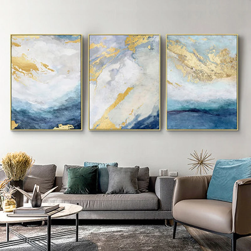 

Abstract elegant minimalist golden blue sea nordic poster canvas painting wall art picture living room home cuadros decoration