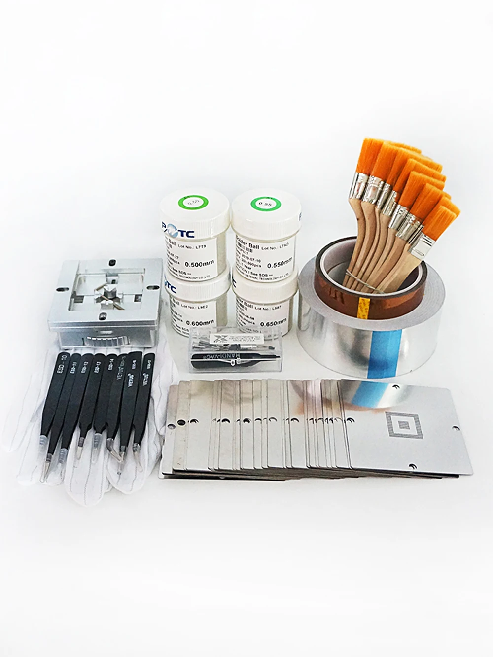 

Universal Silvery BGA Reballing jig 29pcs stencils 250K Solder balls + Insulating tape + Aluminum foil tape Vacuum suction pen