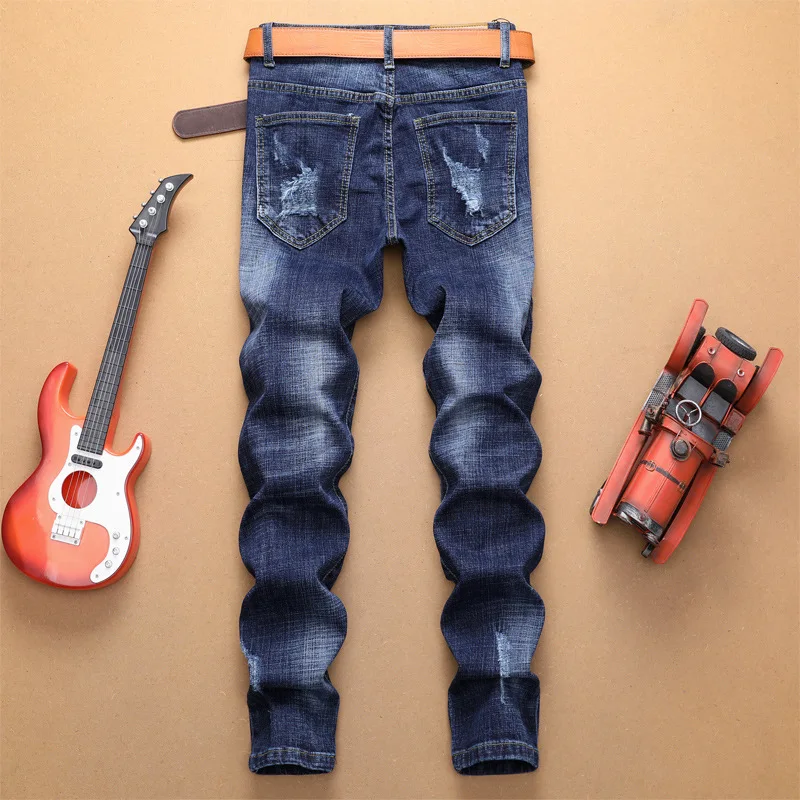 Осень-зима мужские джинсы из денима в стиле пэчворк рваные потертые повседневные