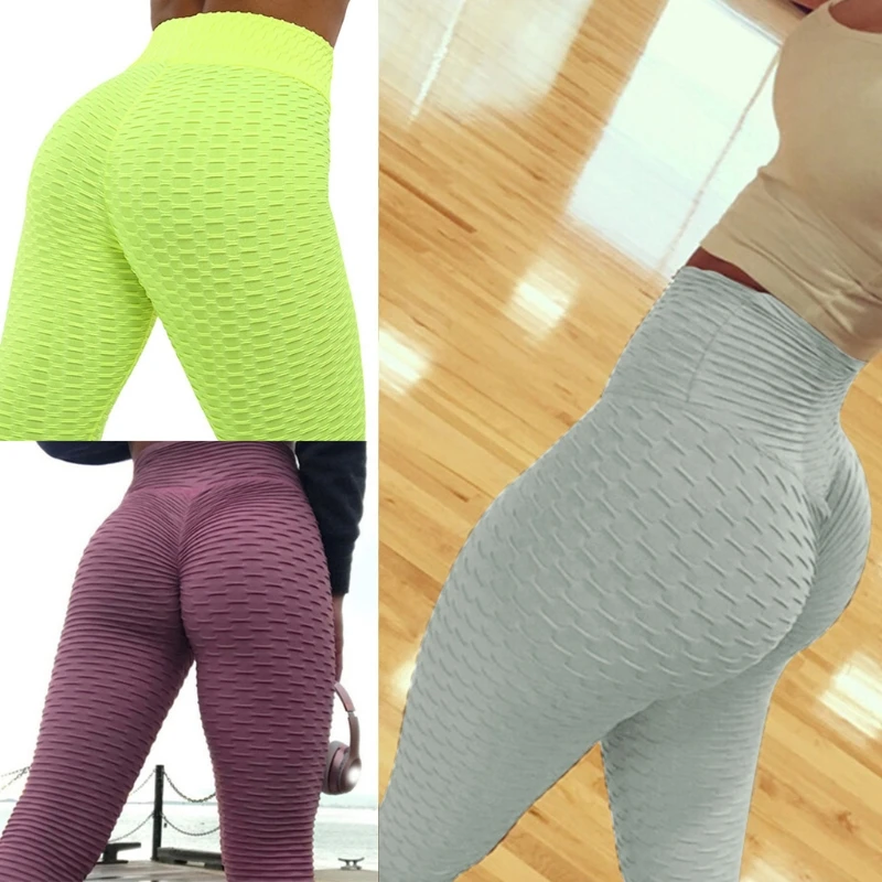 

Womens High Waist Bubble Hip Butt Lift Yoga Pants Workout Tummy Control Booty Tights Ruched Textured Jacquard Leggings