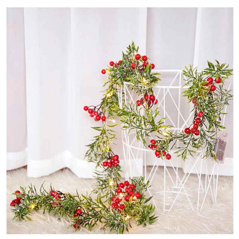 

1.8m red fruit light christmas string light with pine needles battery operate leaf wreath fairy night light for wedding party