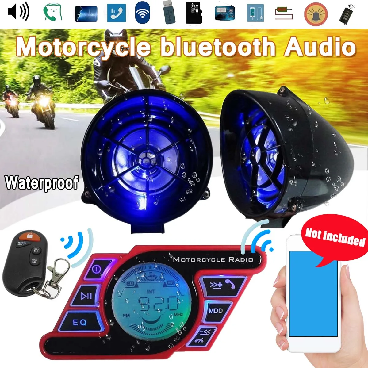Студийная мотоциклетная акустическая система Bluetooth, стерео динамик, голосовой циферблат, fm-радио, MP3 музыкальный плеер, скутер, пульт дистанционного управления, сигнализация