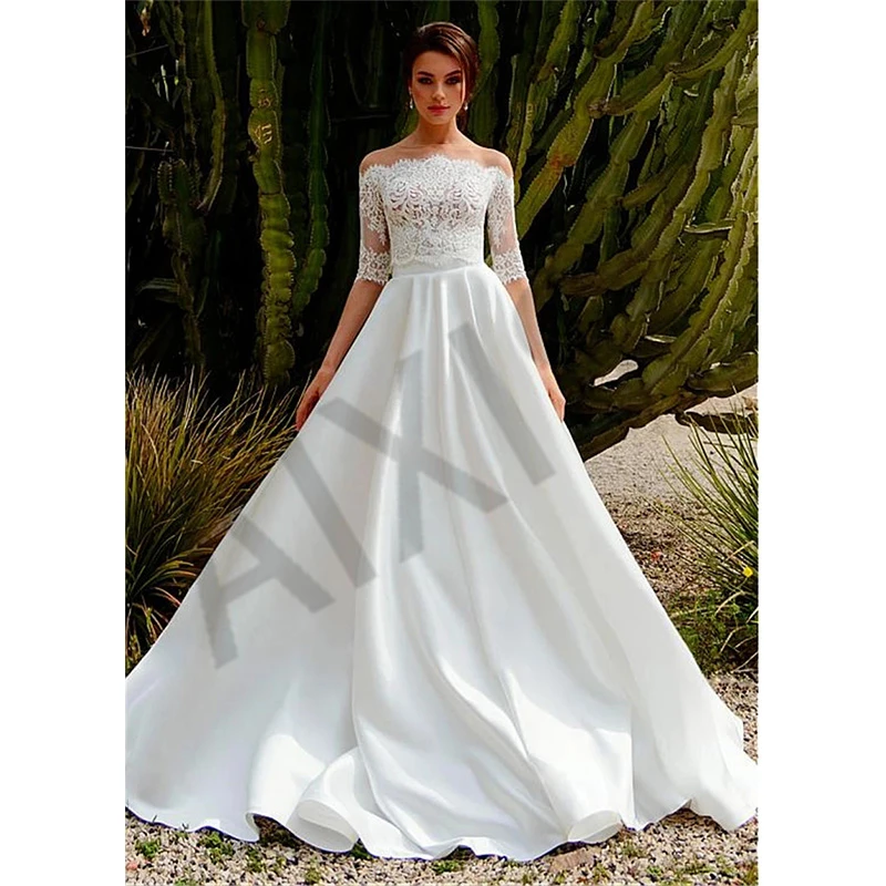 

Jasmine Wedding Dress See Through O Neck Half Sleeve A-Line Satin Bride Vestido Appliques Luxury Pure Love Robe de mariée