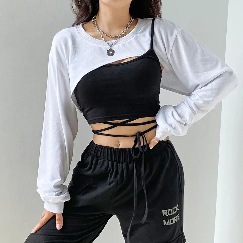 

New Casual Top T-Shirt Ladies Irregular Cotton T-shirts Women Harajuku Long Sleeve T-Shirt Patchwork Bandage Hollow Out T Shirt