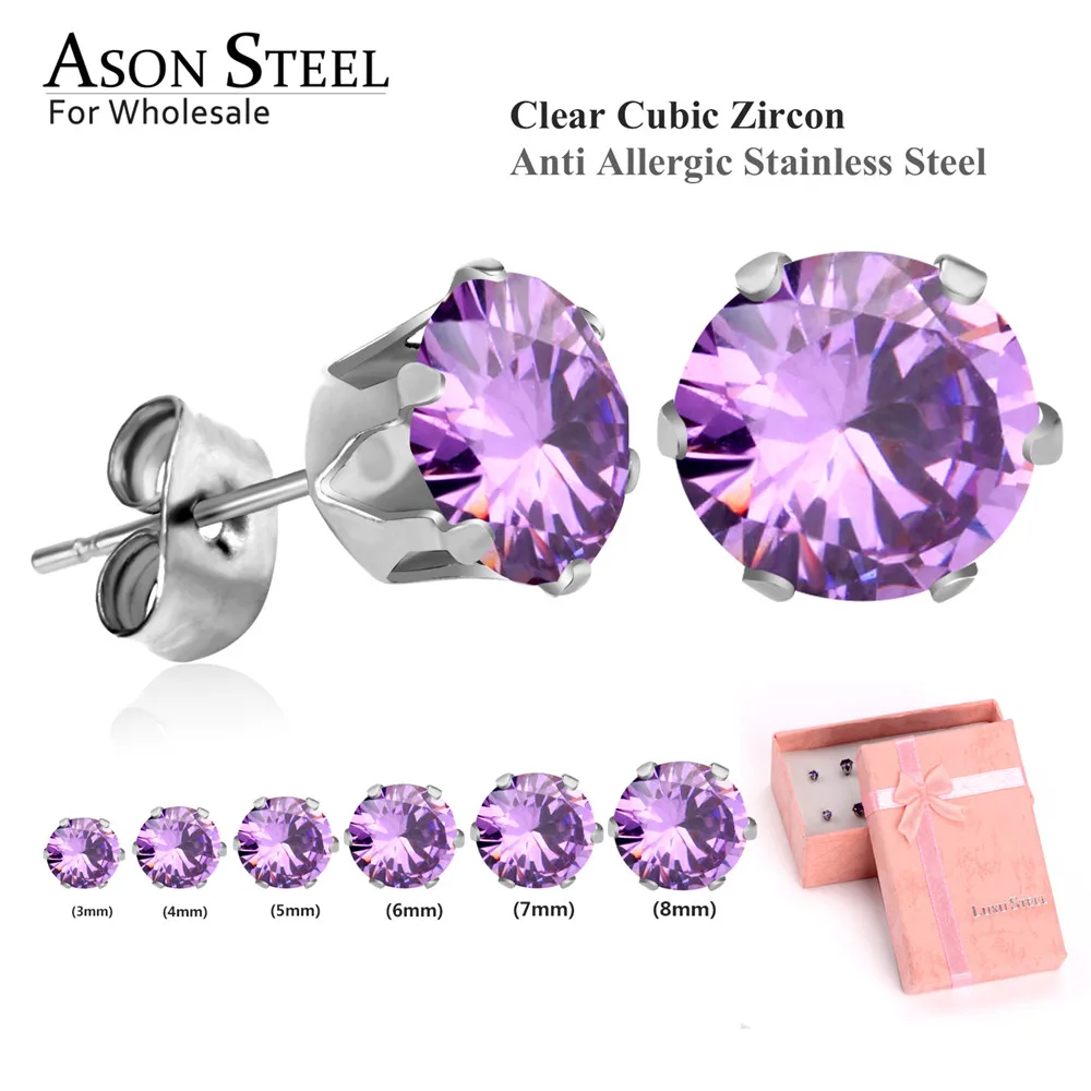 ASON, стальные серьги-гвоздики для женщин, розовый цвет, Круглый AAA кристалл, 6 пар/кор., набор сережек, нержавеющая сталь, Mujer Bijoux, подарок для любви