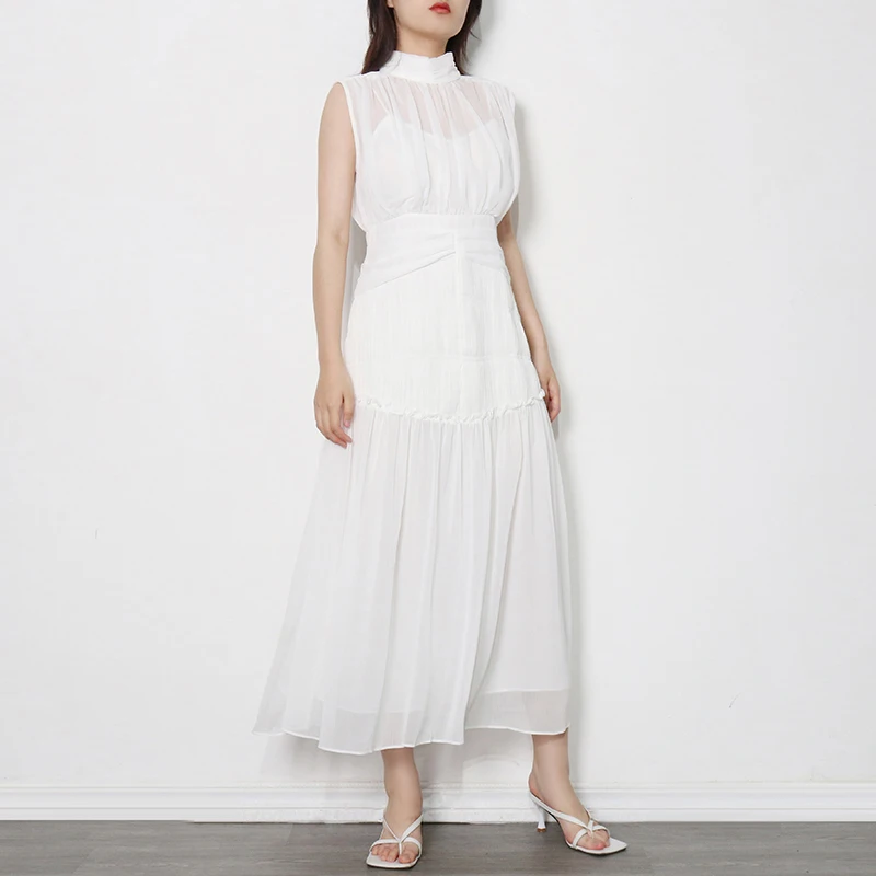

CHICEVER Temperament Ruffle Trim Long Dress Woman Stand Collar Sleeveless High Waist Ruched Vintage Dresses Female Fashion 2021