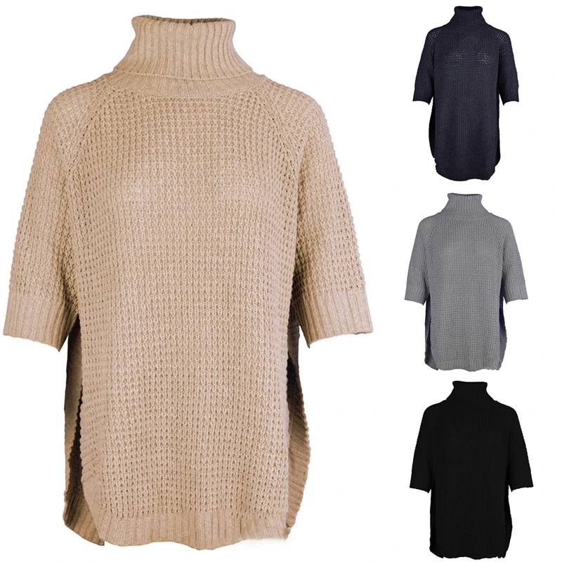 

2021 Autumn And Winter New Solid Color Knitted Pullover Half-Sleeved Women's Waist Split Turtleneck Sweater Women Sweaters