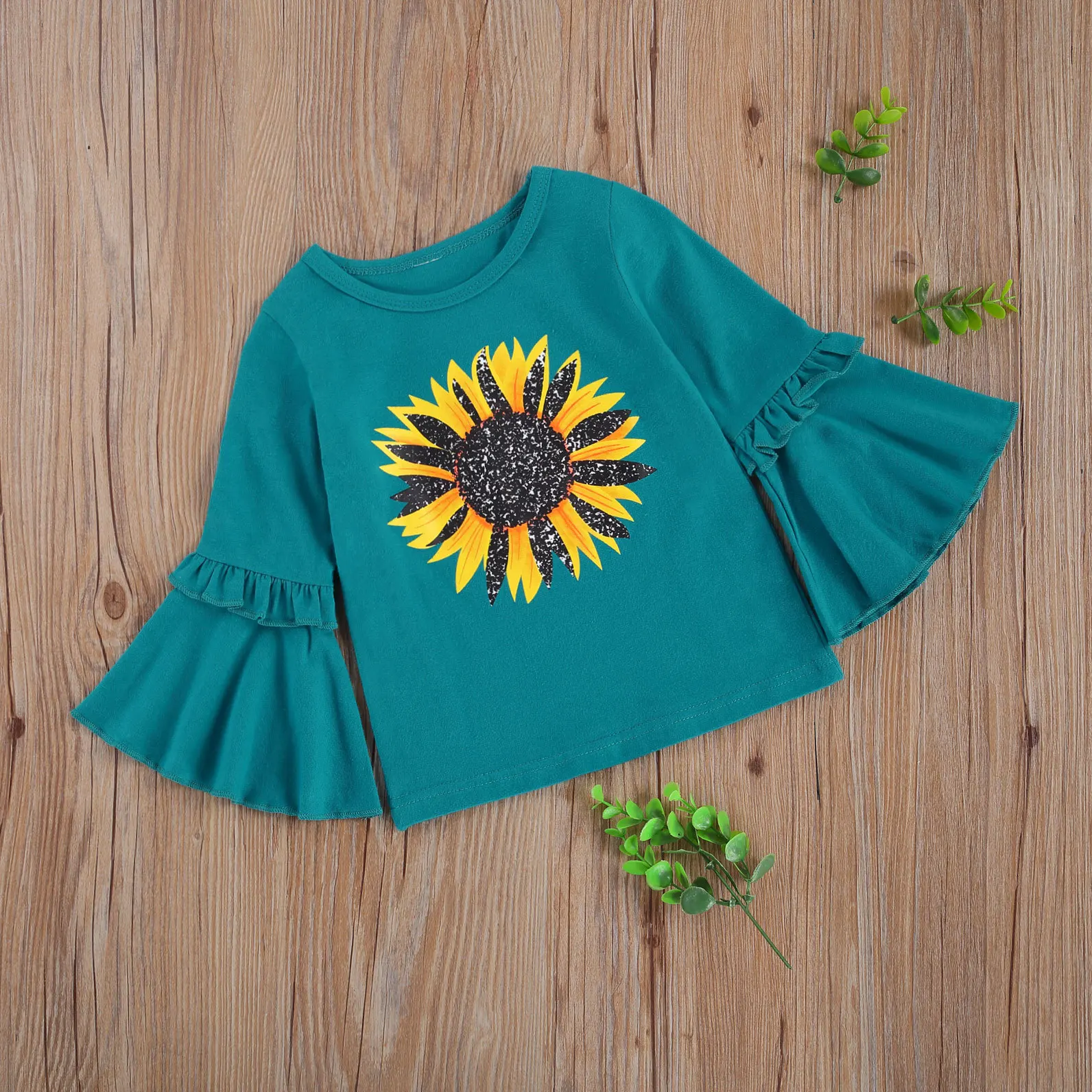 

Children's sunflower flared sleeves t-shirts Tops tees baby kids Girls long sleeves cotton spring autumn sweet t-shirts 7192 12