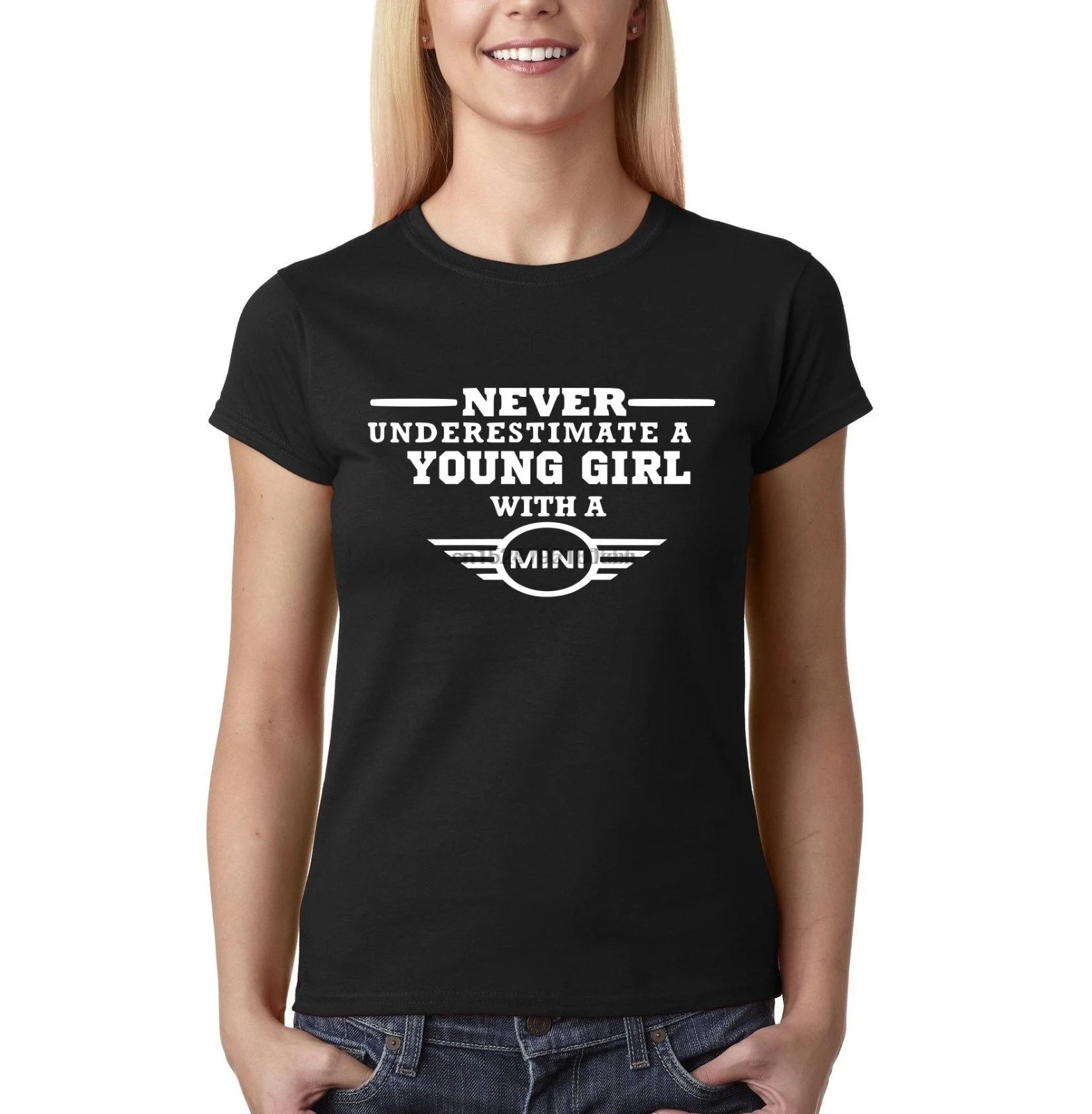 

Mini Cooper Never Underestimate A YOUNG GIRL Women T-shirt White Mini Black