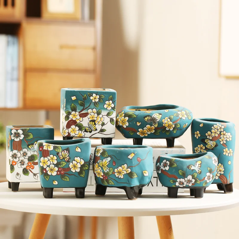 

Flower Pots Succulent Cactus Dark Green Painting Pots Plant Garden Ceramic Planter Pots Outdoor Garden Home Decor windowsill