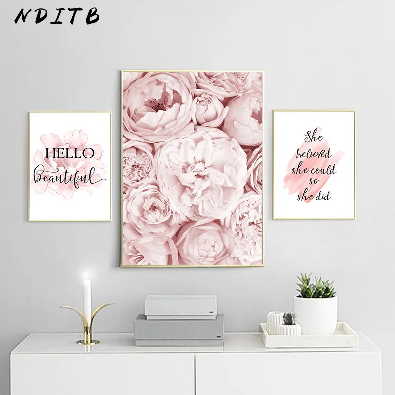 

Pink Peony Flower Poster Nordic Style Fashion Quotes Wall Art Print Canvas Painting Modern Picture Girl Room Home Decoration