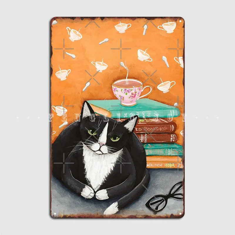 

Tea Books And Cats Metal Sign Cinema Living Room Bar Cave Decoration Plaques Tin Sign Poster