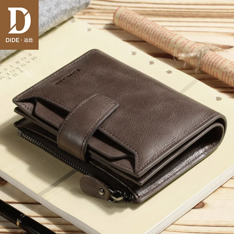 

DIDE Men's Coin Purse Bag Genuine Leather Wallets Women Brand Vintage Cowhide Zipper Short Wallet coffee card holder Gift Box