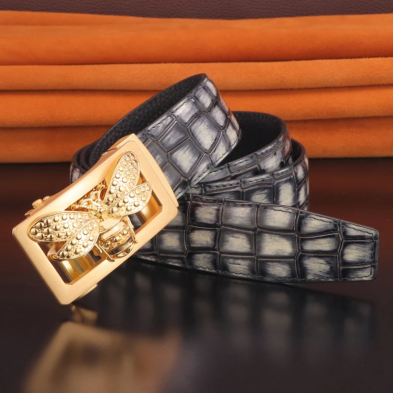 

3D bee automatic buckle Gloden belts men luxe marque brand Crocodile pattern leather fashion popular Waist strap high quality