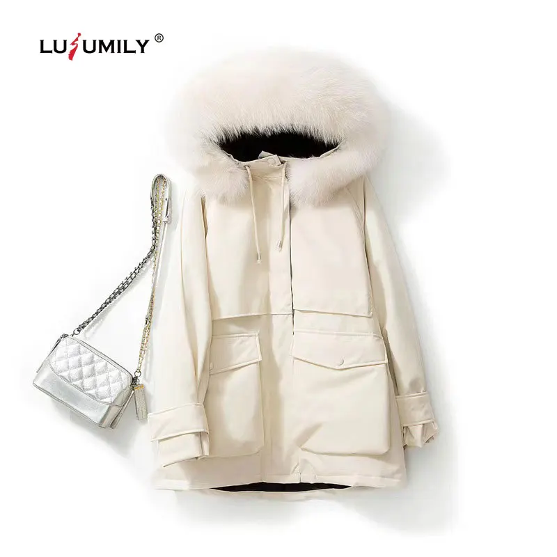Lusumily/Большая Зимняя парка с меховым капюшоном женский пуховик оверсайз женские