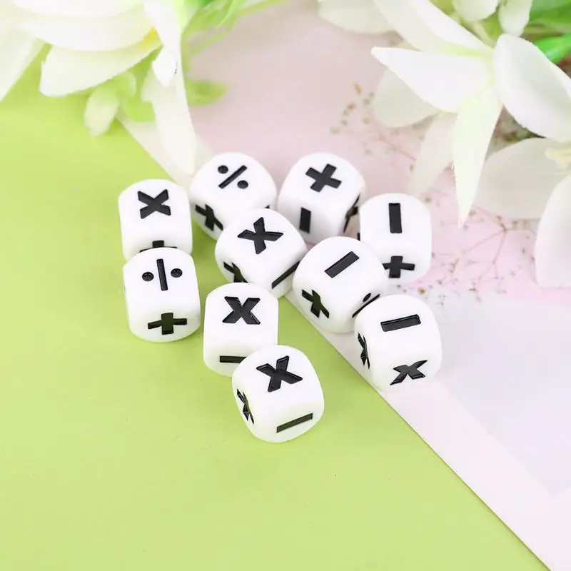 

10pcs 16mm D6 Dice Mathematical Operators Arithmetic Dice Club Pub Board Game White Acrylic Round Corner Dice