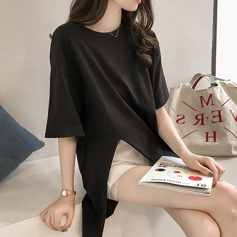 

Свободная футболка средней длины в стиле Харадзюку женская летняя популярная в Корейском стиле