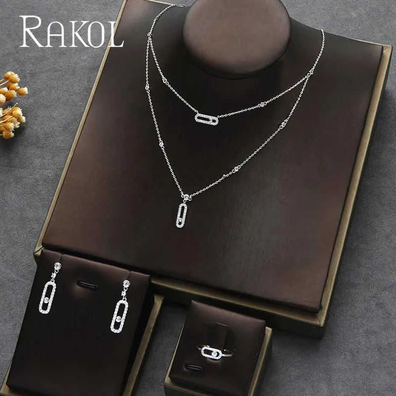 

RAKOL Trendy Dainty Cubic Zirconia Initial Necklace Earring Ring Sets for Women Girlfriend Wife Gift Pendientes Mujer Moda