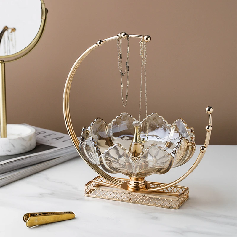 

Crystal Glass Fruit Snack Storage Tray Metal Hollow Crescent Shelf Creative Lace Dessert Salad Bowl Living Room Decoration Gifts