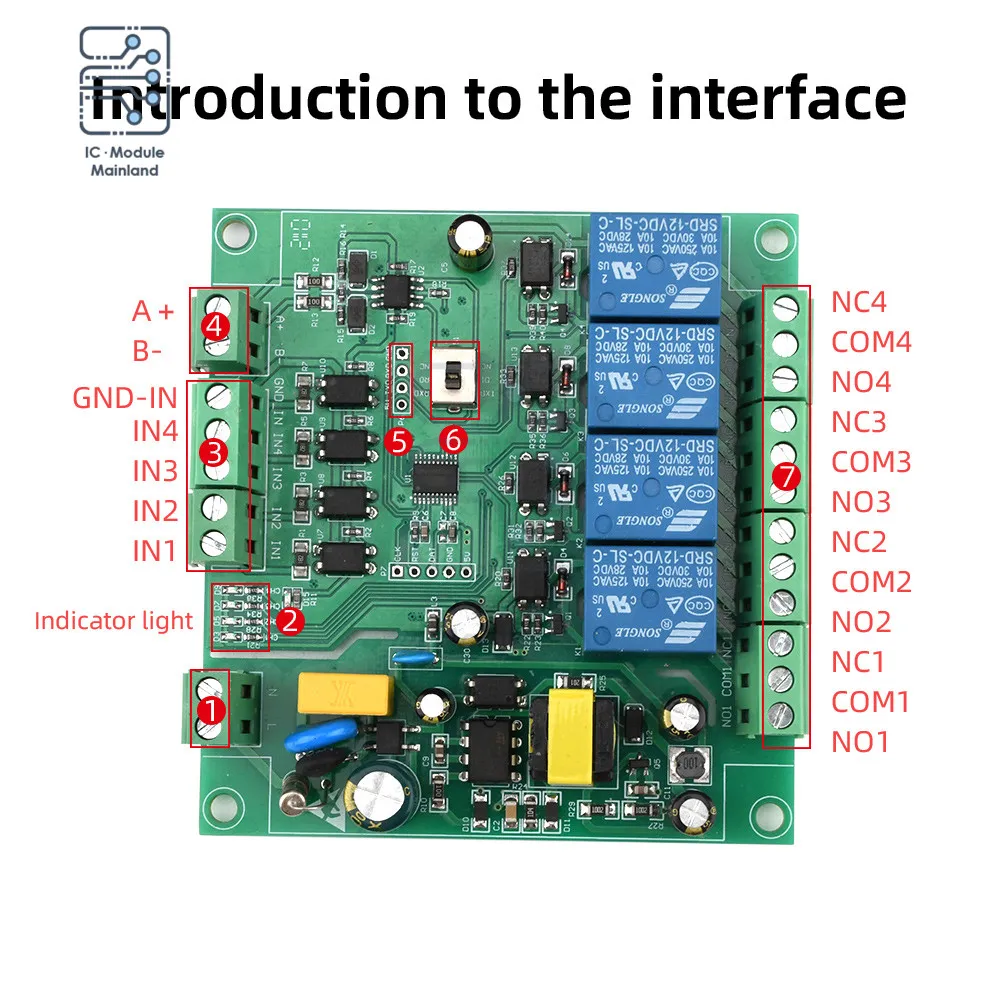AC220V 4-Channel Relay Module Modbus RTU Support RS485/TTL UART Interface 9600bps For Digital Quantity Detection Power Control |