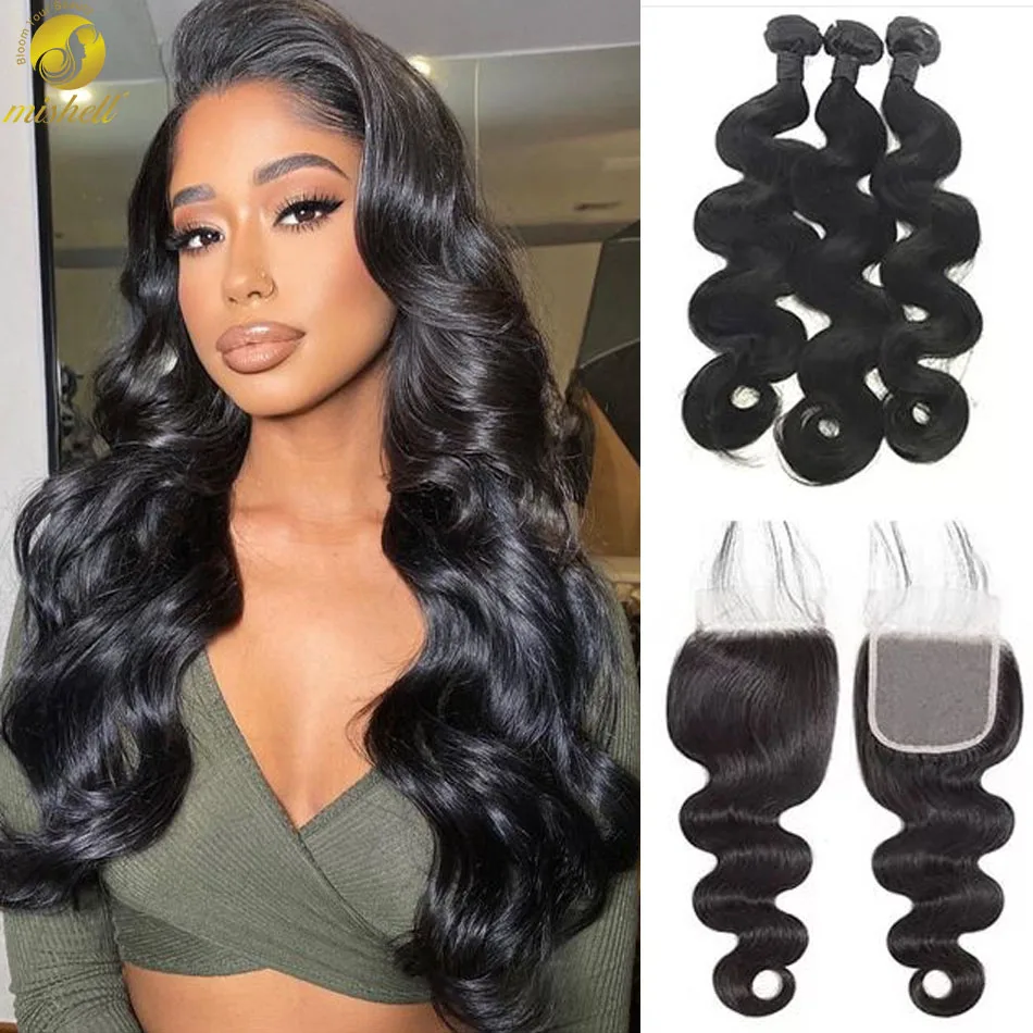 MISHELL Body Wave 13×4 Lace Frontal 28 30 Inch Pre-Plucked With Baby Hair Brazilian Human Hair Bundles With Closure Remy Hair