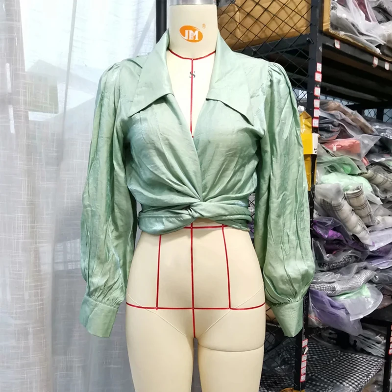 

ZA Office Lady Elegant Shirts Chic Turn-down Collar Women Blouse Vintage Korean Puff Sleeve Criss-Cross Solid Crop Tops Blusas