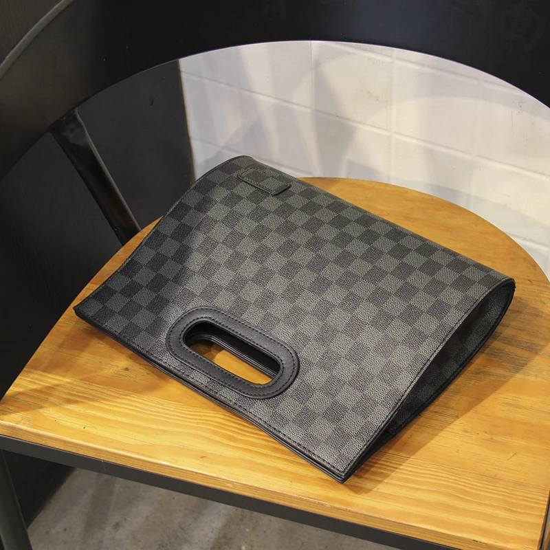 

New Simple Fashion Slim Briefcase Black Plaid Leather Waterproof Envelope Handbag A4 Documents Business Satchels Bolsos Hombre
