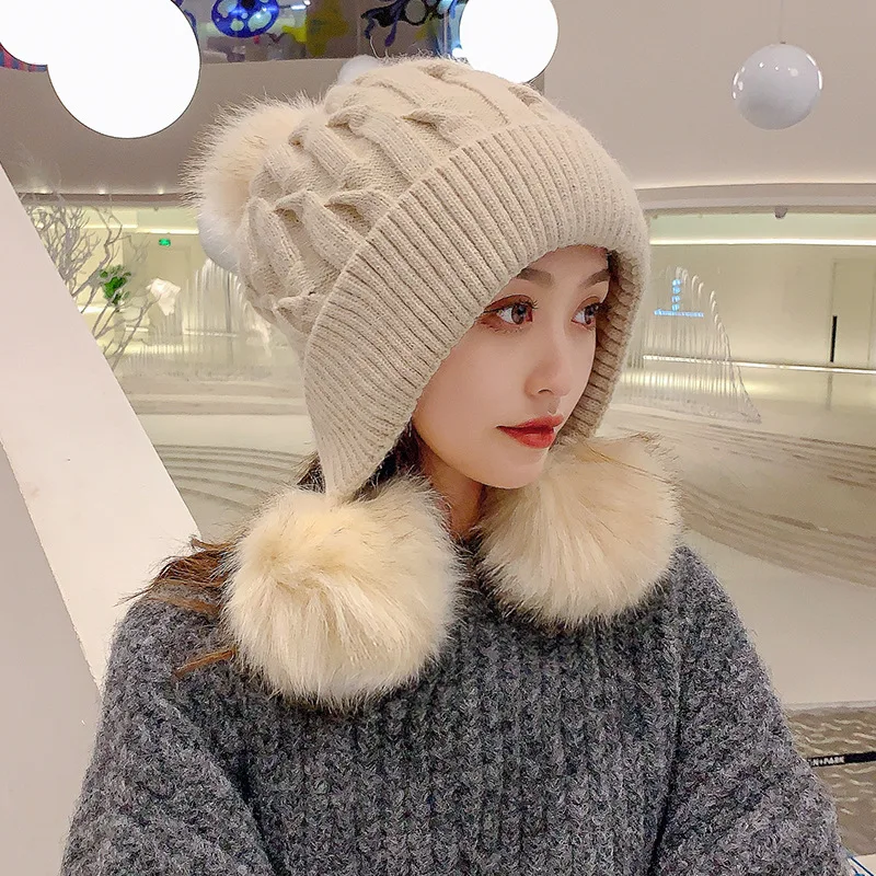 

Female Winter Warm Earflap Pullover Hat Korean High Quality Rabbit Hair Blended Travel Skullies Beanie Cap Women