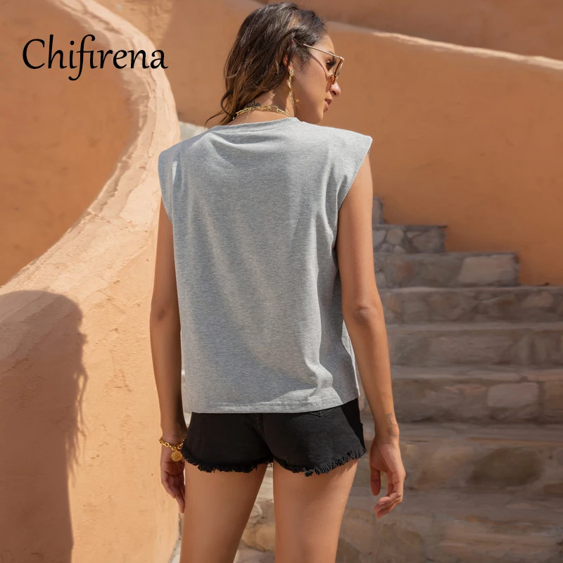 

Chifirena Summer Tank Top Women 2021 Sleeveless Pads Shoulder Casual Tops Female Elegant Tees Beach Tunic Pullovers Racer Vest