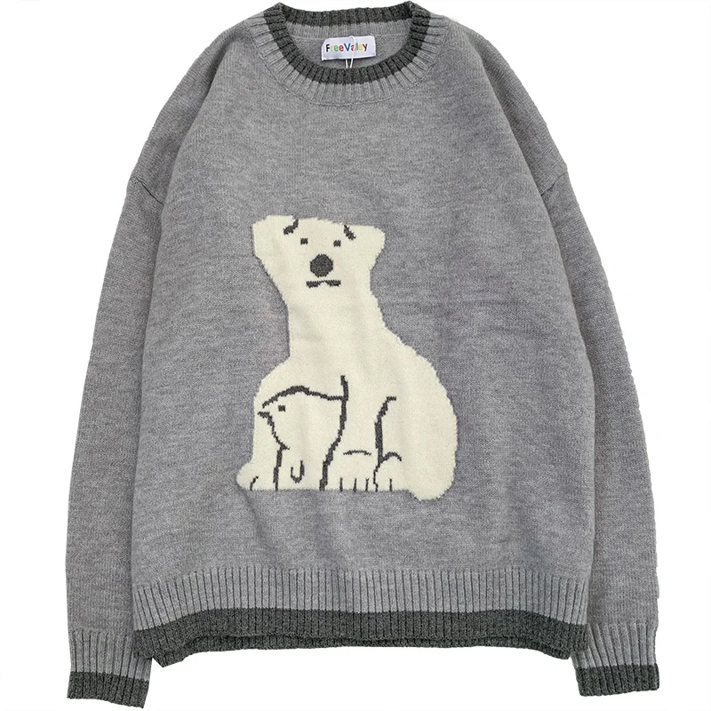 

Yeeloca Spring Cute Cartoon Polar Bear Embroidery Versatile Sweater Lazy Girl Round Neck Color Matching Loose Long Sleeve Top