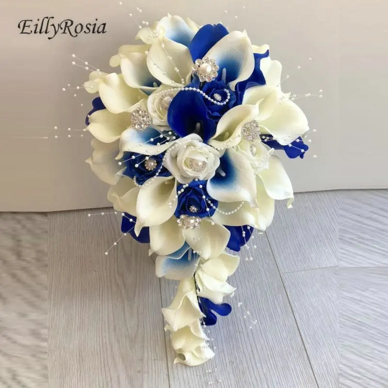 

EillyRosia White Royal Blue Cascade Brial Bouquet Calla Lilies Pearls Teardrop Brooch Bouquet Bride Flowers Custom Made Mariage