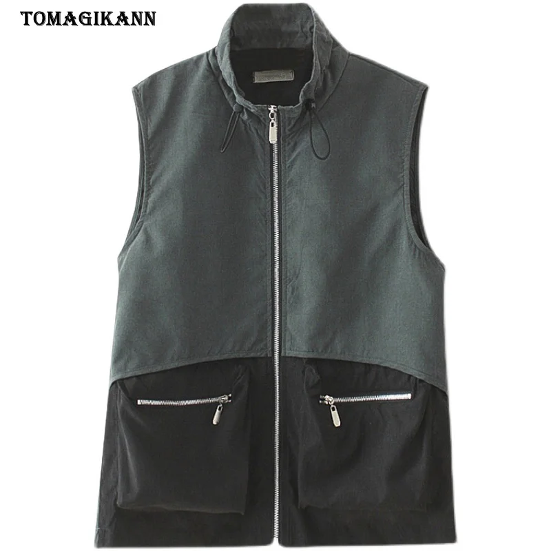

Women Vest Hit Color Stand Collar Patchwork Zipper Pockets Causal Waistcoat 2021 Autumn Female Clothing