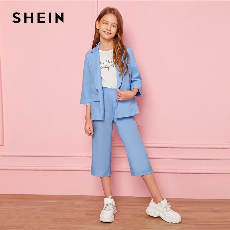 SHEIN/Детский комплект из блейзера и штанов для девочек пастельного синего цвета с воротником-тупым вырезом, Детские комплекты г. Осенняя повседневная одежда с длинными рукавами 3/4