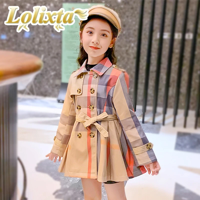 

kids 5-17 year fashion plaid long trench double button coats for little girls teens teenage korean autumn winter outwear clothes