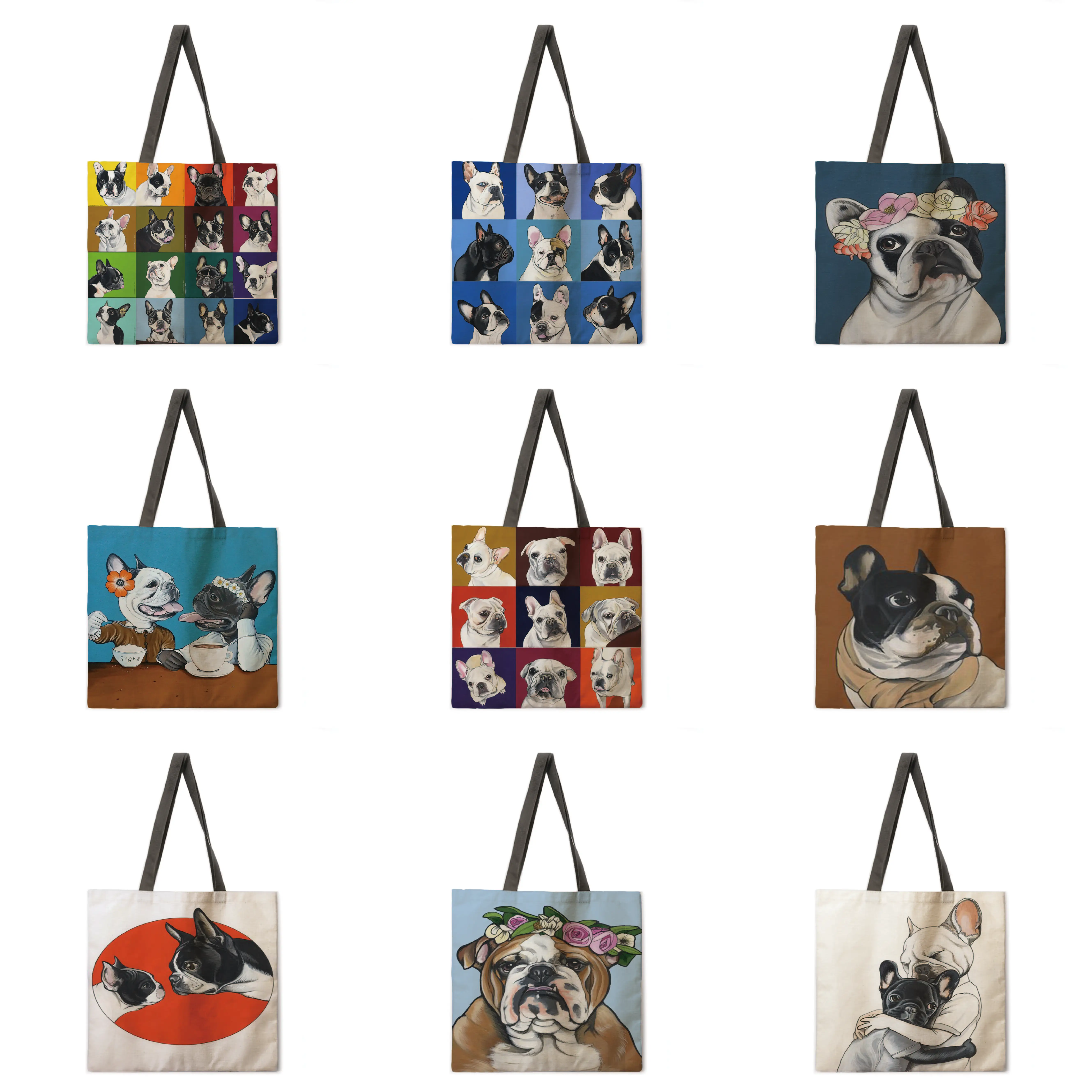 Уличная пляжная сумка Французский бульдог Льняная тоут женская Повседневная