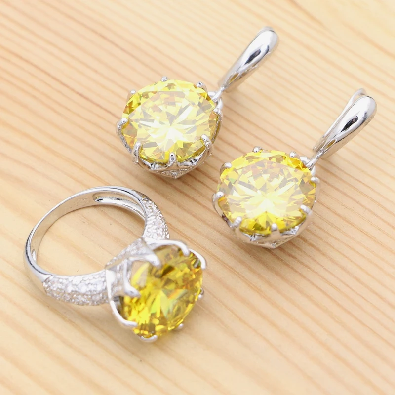 

Yellow Cubic Zirconia Crystal Round Earrings Ring 925 Silver Jewelry Set Wedding Accessories for Women