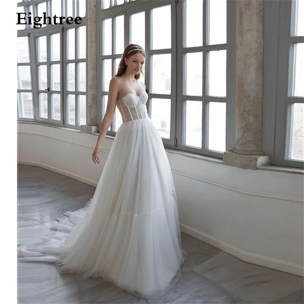 

Eightree Simple Boho A-line Wedding Dresses 2021 Sweetheart Lace AppliquesTulle Beach Mariage Gowns Princess Vestidos Boda