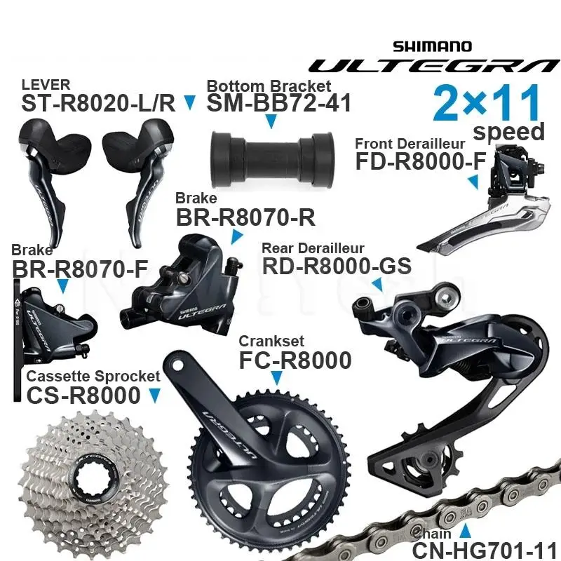 SHIMANO ULTEGRA R8020 2x11v Groupset with R8070 Brake R8020 ST Lever Cassette Sprocket Chain Front/Rear Derailleur for Road bike