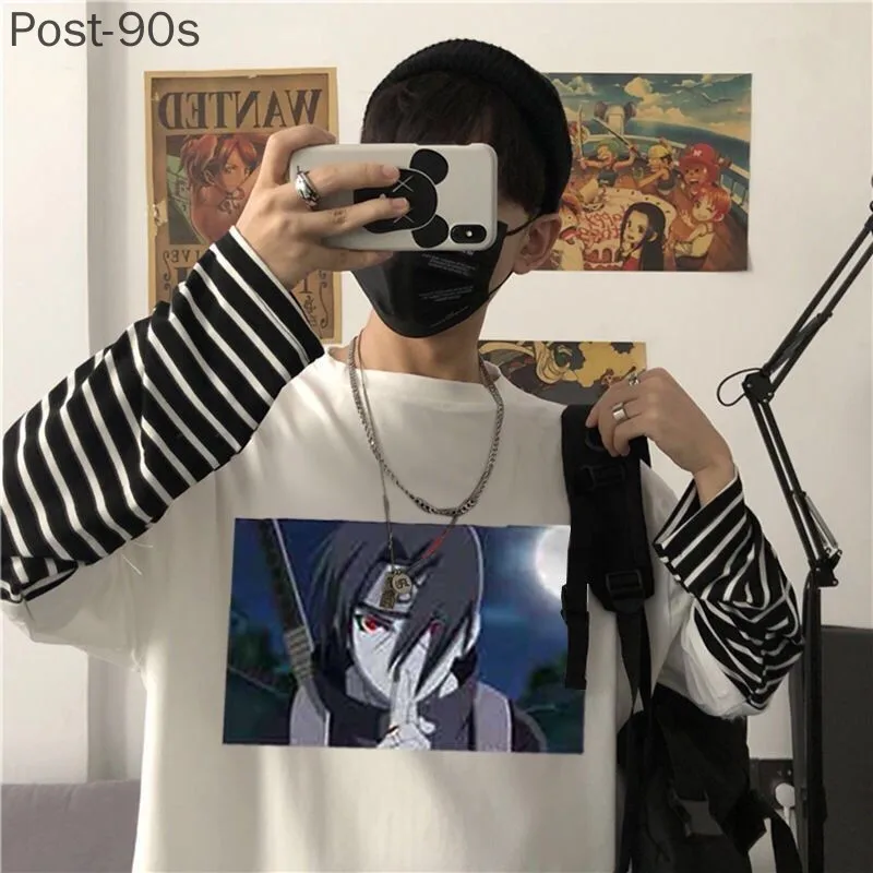 

Long Sleeve Fake Two-piece T Shirt Striped Big Shirts Men Clothing Men Fashion 2021 New Oversized Tees Clothes Tshirt
