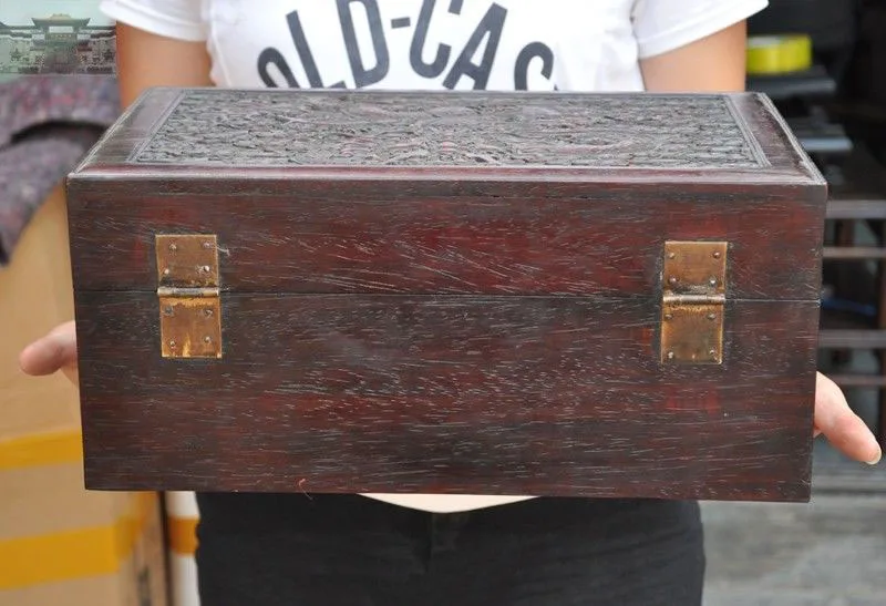 

Christmas 14"Chinese Dynasty Red rosewood Carved 9 Dragon Totem Treasure chest storage box New Year