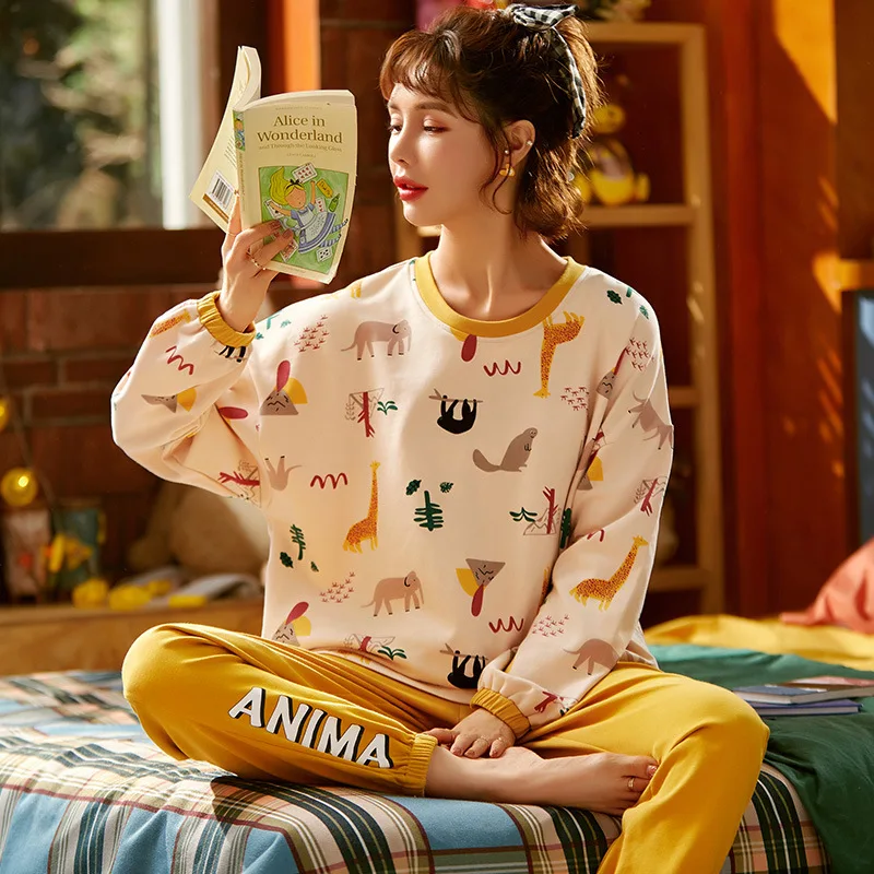 

Girls Fashion Home Suit Winter Women Pajama Set Sky Blue Long Sleeve Sleepwear Lovely Cat Pattern Nightwear Women Cotton Pajamas